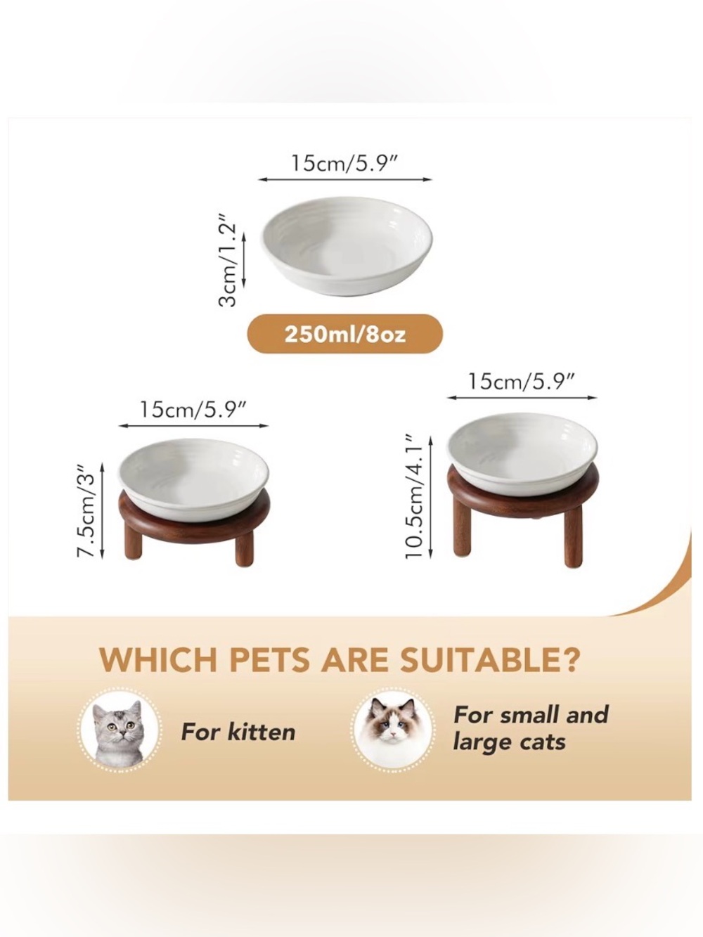 Set of two elevated bowls for cats on two adjustable heights on acacia platform - Picture 7 of 16